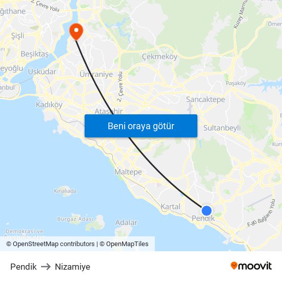 Pendik to Nizamiye map