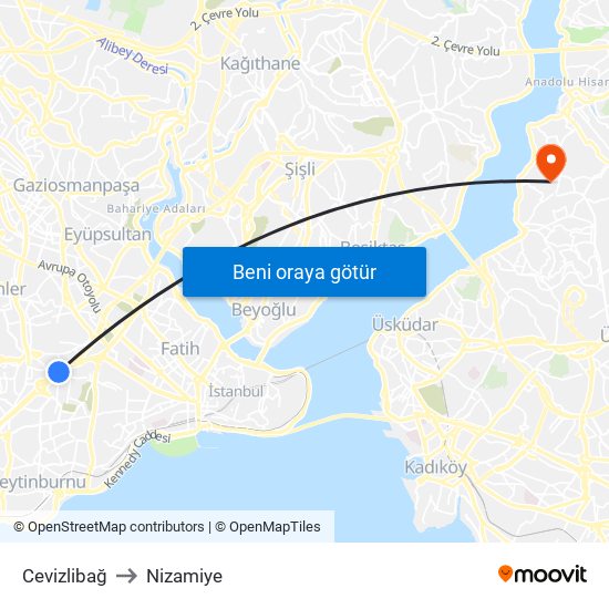 Cevizlibağ to Nizamiye map