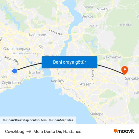 Cevizlibağ to Multi Denta Diş Hastanesi map