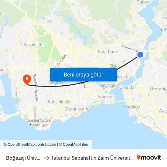 Boğaziçi Üniversitesi to Istanbul Sabahattin Zaim Üniversitesi Rektörlüğü map