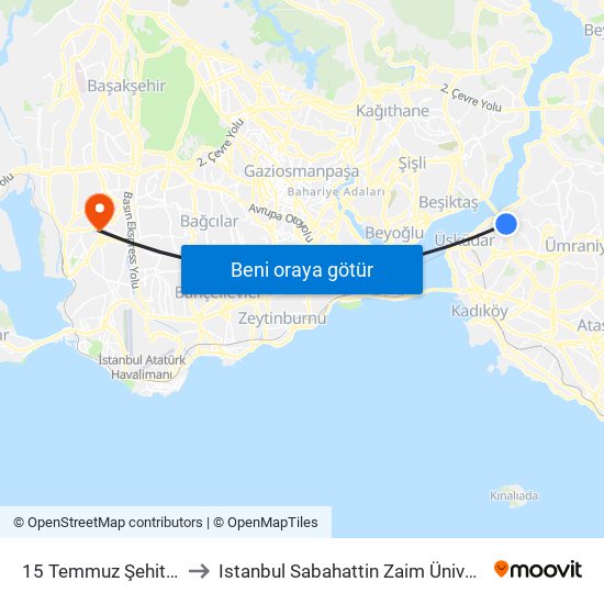 15 Temmuz Şehitler Köprüsü to Istanbul Sabahattin Zaim Üniversitesi Rektörlüğü map