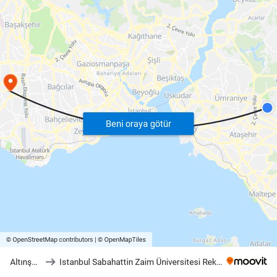 Altınşehir to Istanbul Sabahattin Zaim Üniversitesi Rektörlüğü map