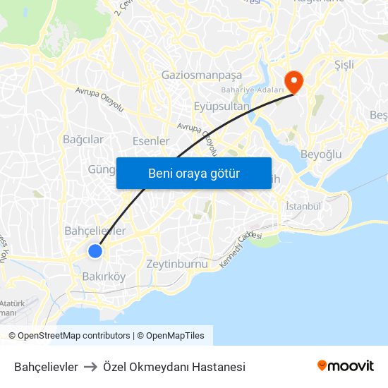 Bahçelievler to Özel Okmeydanı Hastanesi map