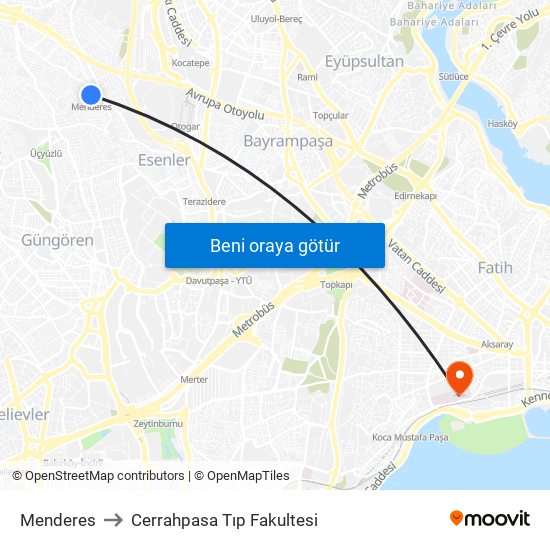Menderes to Cerrahpasa Tıp Fakultesi map