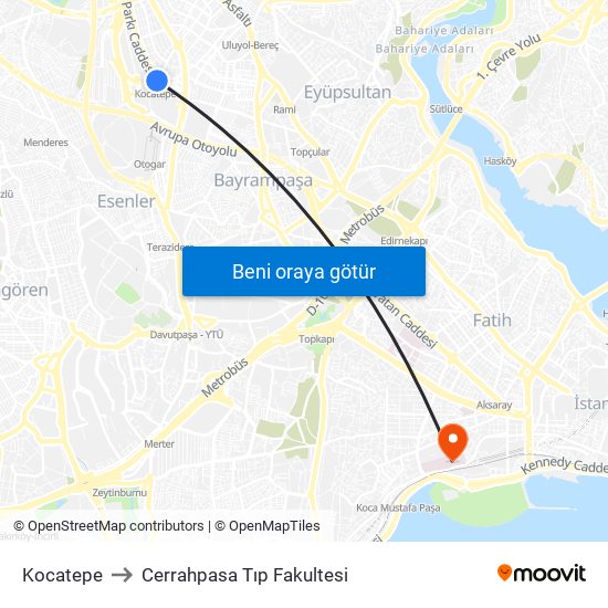 Kocatepe to Cerrahpasa Tıp Fakultesi map