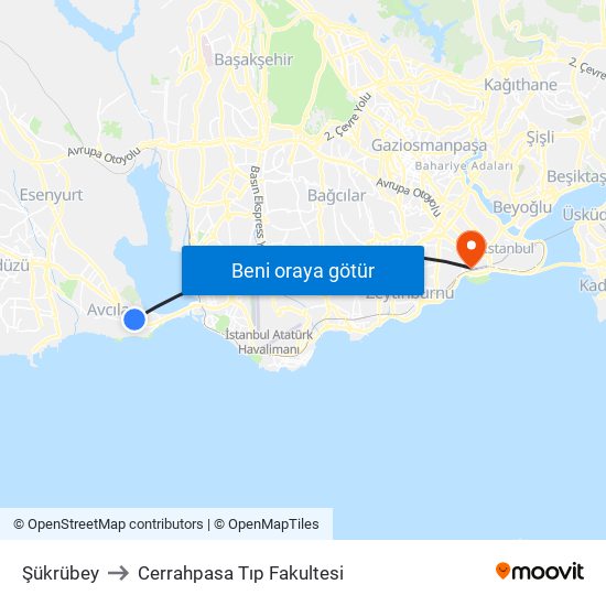 Şükrübey to Cerrahpasa Tıp Fakultesi map