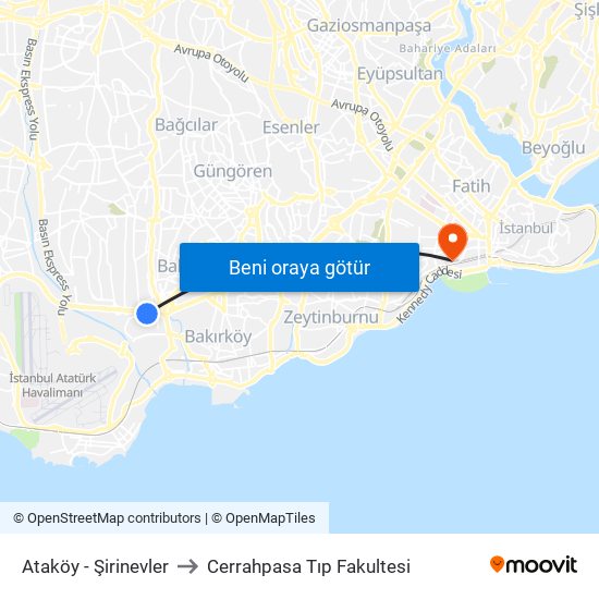 Ataköy - Şirinevler to Cerrahpasa Tıp Fakultesi map