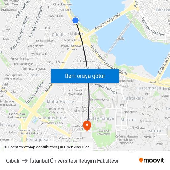 Cibali to İstanbul Üniversitesi Iletişim Fakültesi map