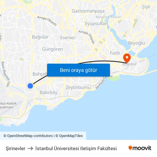 Şirinevler to İstanbul Üniversitesi Iletişim Fakültesi map