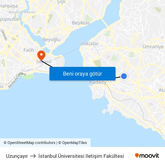 Uzunçayır to İstanbul Üniversitesi Iletişim Fakültesi map