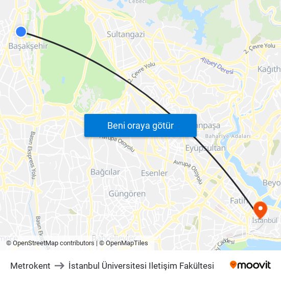 Metrokent to İstanbul Üniversitesi Iletişim Fakültesi map