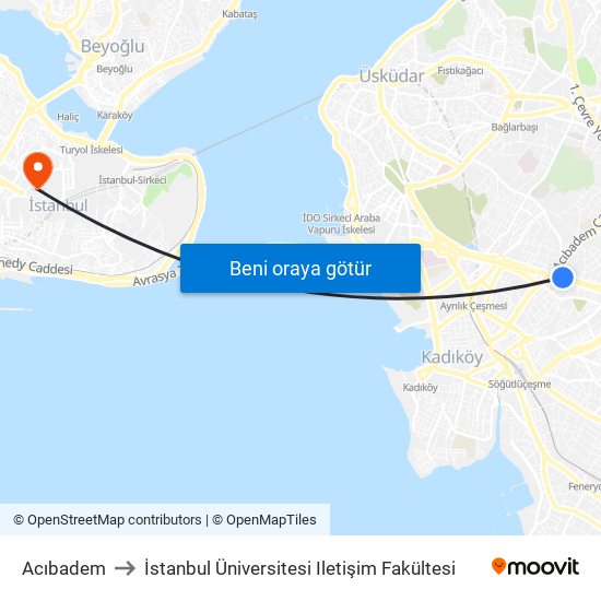 Acıbadem to İstanbul Üniversitesi Iletişim Fakültesi map