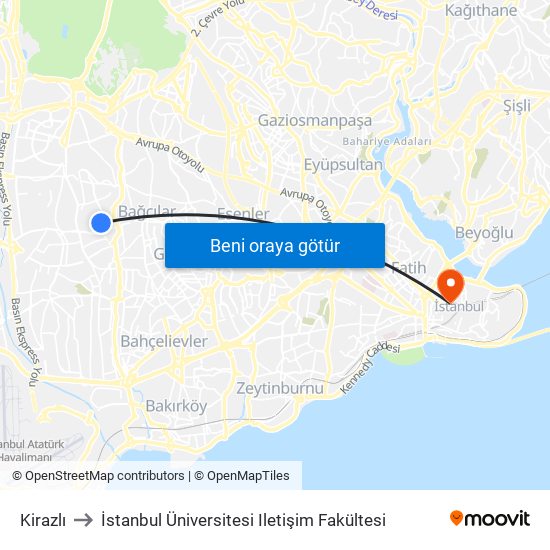 Kirazlı to İstanbul Üniversitesi Iletişim Fakültesi map