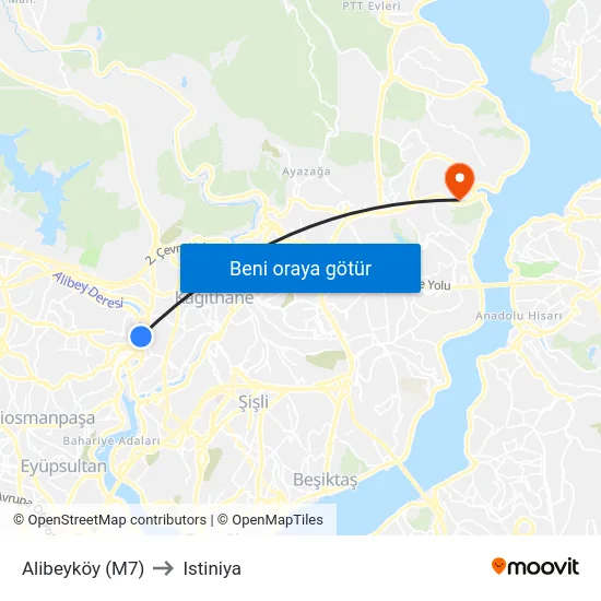 Alibeyköy (M7) to Istiniya map