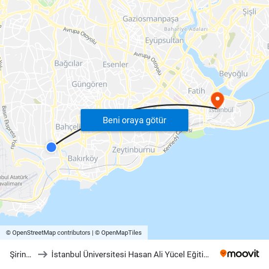 Şirinevler to İstanbul Üniversitesi Hasan Ali Yücel Eğitim Fakültesi A Block map