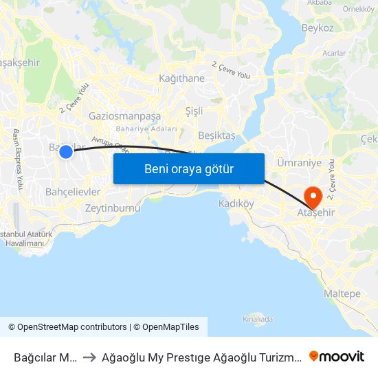 Bağcılar Meydan (M1b) to Ağaoğlu My Prestıge Ağaoğlu Turizm İnşaat Anonim Şirket Helikopter Pisti map