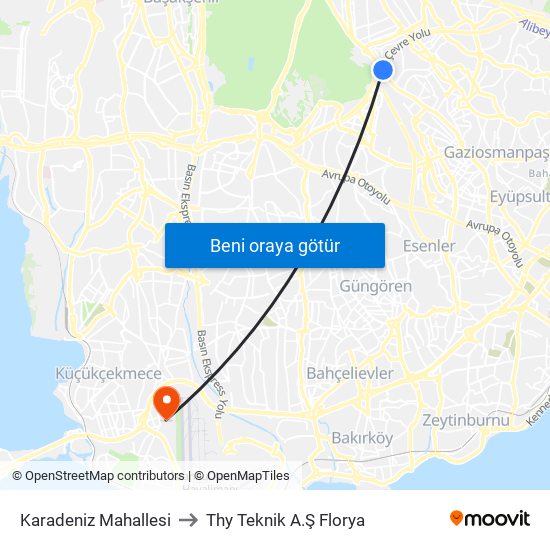 Karadeniz Mahallesi to Thy Teknik A.Ş Florya map