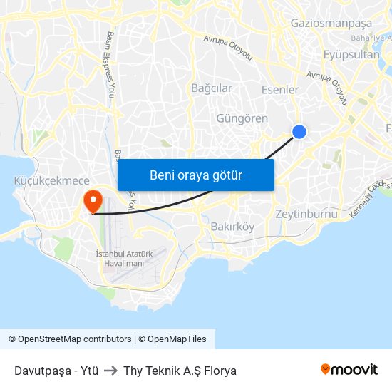 Davutpaşa - Ytü to Thy Teknik A.Ş Florya map