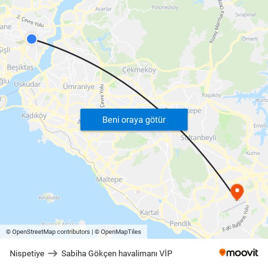 Nispetiye to Sabiha Gökçen havalimanı VİP map