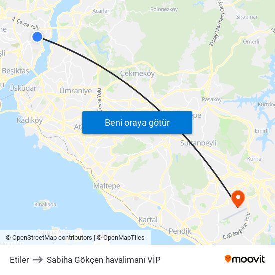 Etiler to Sabiha Gökçen havalimanı VİP map