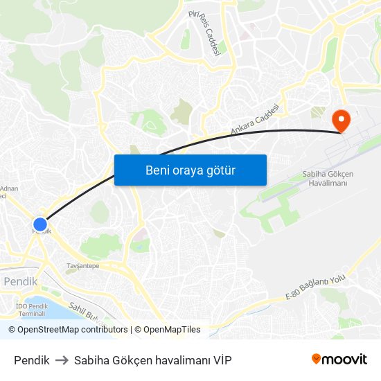 Pendik to Sabiha Gökçen havalimanı VİP map