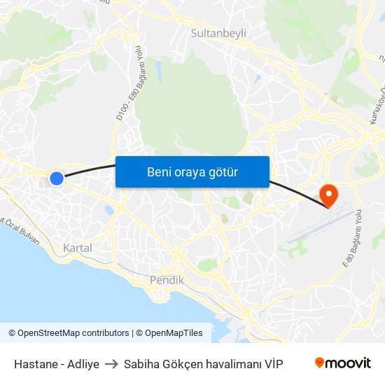 Hastane - Adliye to Sabiha Gökçen havalimanı VİP map