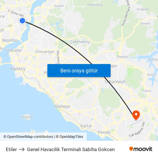 Etiler to Genel Havacilik Terminali Sabiha Gokcen map