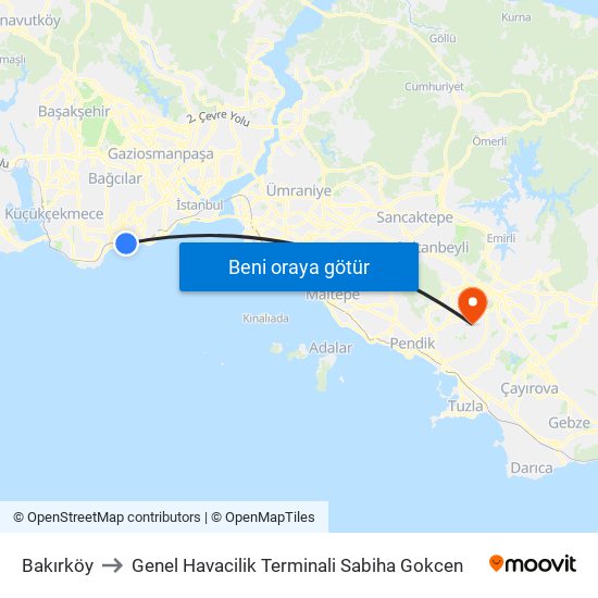 Bakırköy to Genel Havacilik Terminali Sabiha Gokcen map