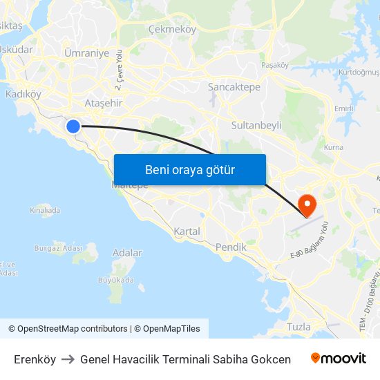 Erenköy to Genel Havacilik Terminali Sabiha Gokcen map