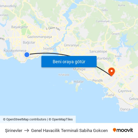 Şirinevler to Genel Havacilik Terminali Sabiha Gokcen map