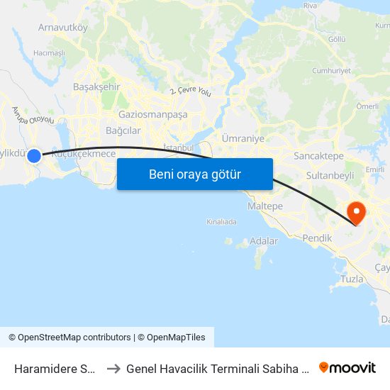 Haramidere Sanayi to Genel Havacilik Terminali Sabiha Gokcen map