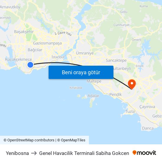 Yenibosna to Genel Havacilik Terminali Sabiha Gokcen map