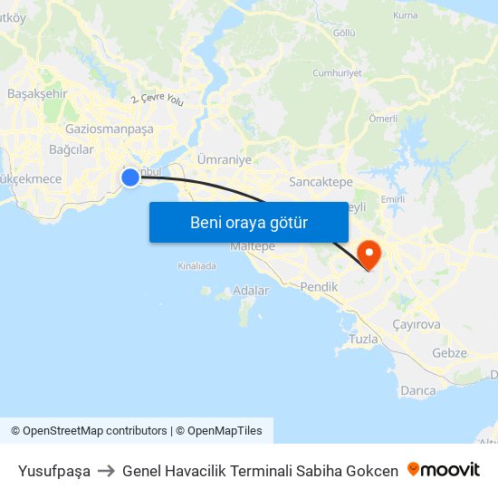 Yusufpaşa to Genel Havacilik Terminali Sabiha Gokcen map