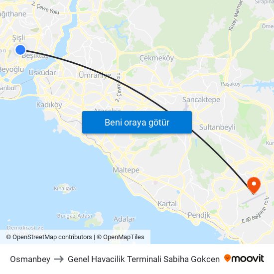 Osmanbey to Genel Havacilik Terminali Sabiha Gokcen map