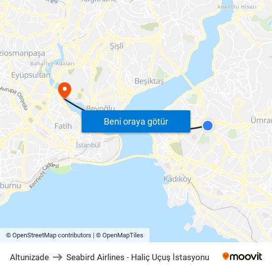 Altunizade to Seabird Airlines - Haliç Uçuş İstasyonu map