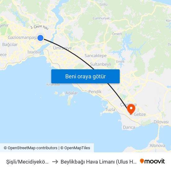 Şişli/Mecidiyeköy (M2) to Beylikbağı Hava Limanı (Ulus Hızlı Bölge) map
