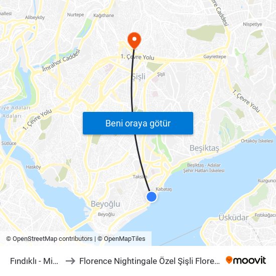 Fındıklı - Mimar Sinan Üniversitesi to Florence Nightingale Özel Şişli Florence Nightingale Hastanesi Anonim Şirket Helikopter Pisti map