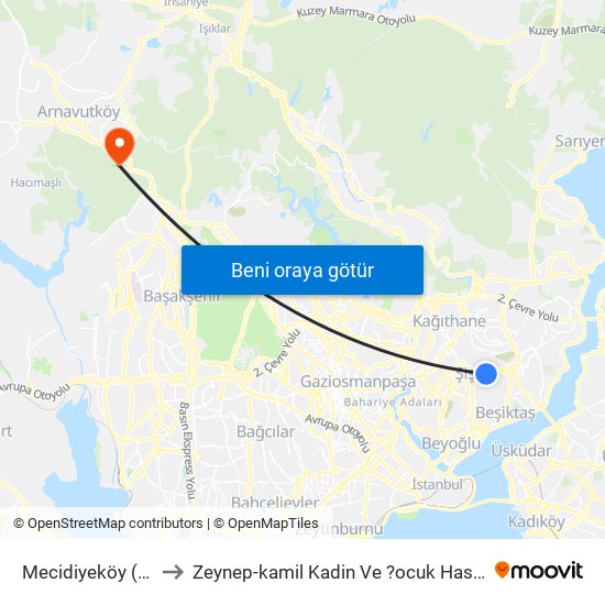 Mecidiyeköy (M7) to Zeynep-kamil Kadin Ve ?ocuk Has. Hast. map