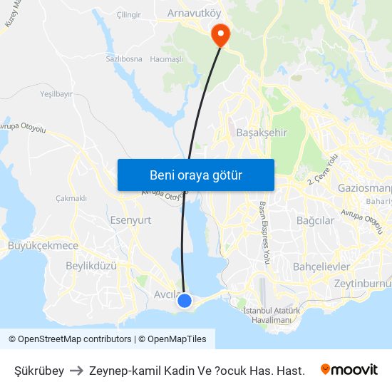 Şükrübey to Zeynep-kamil Kadin Ve ?ocuk Has. Hast. map