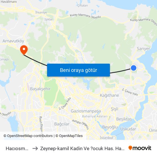 Hacıosman to Zeynep-kamil Kadin Ve ?ocuk Has. Hast. map
