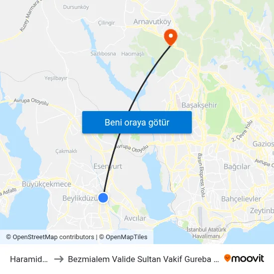 Haramidere to Bezmialem Valide Sultan Vakif Gureba Hast. map