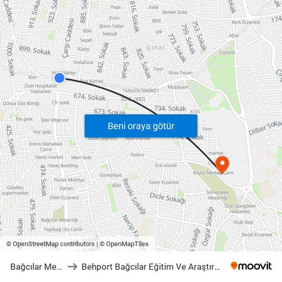 Bağcılar Meydan (M1b) to Behport Bağcılar Eğitim Ve Araştırma Hastanesi Helikopter Pisti map