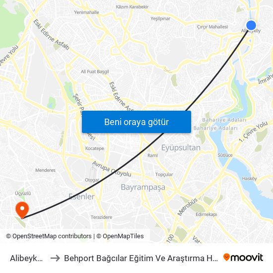 Alibeyköy (M7) to Behport Bağcılar Eğitim Ve Araştırma Hastanesi Helikopter Pisti map