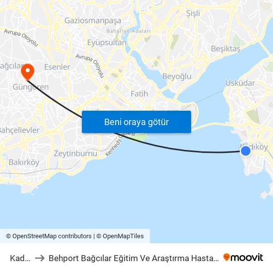 Kadıköy to Behport Bağcılar Eğitim Ve Araştırma Hastanesi Helikopter Pisti map