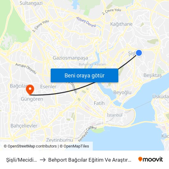 Şişli/Mecidiyeköy (M2) to Behport Bağcılar Eğitim Ve Araştırma Hastanesi Helikopter Pisti map