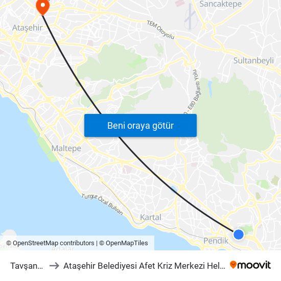 Tavşantepe to Ataşehir Belediyesi Afet Kriz Merkezi Helikopter Pisti map