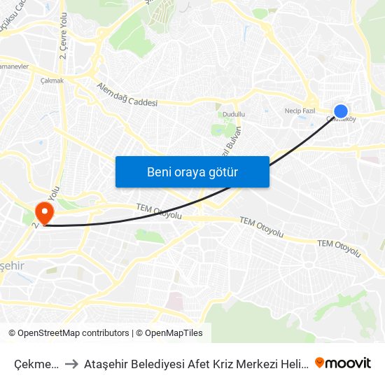 Çekmeköy to Ataşehir Belediyesi Afet Kriz Merkezi Helikopter Pisti map