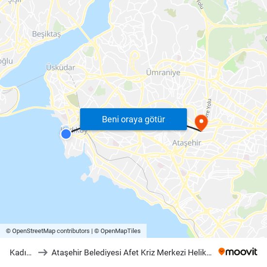 Kadıköy to Ataşehir Belediyesi Afet Kriz Merkezi Helikopter Pisti map