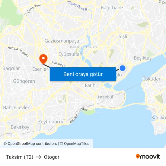 Taksim (T2) to Otogar map