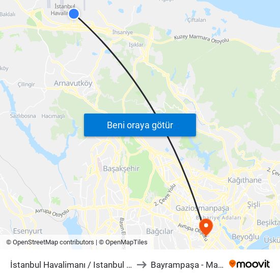 İstanbul Havalimanı / Istanbul Airport to Bayrampaşa - Maltepe map